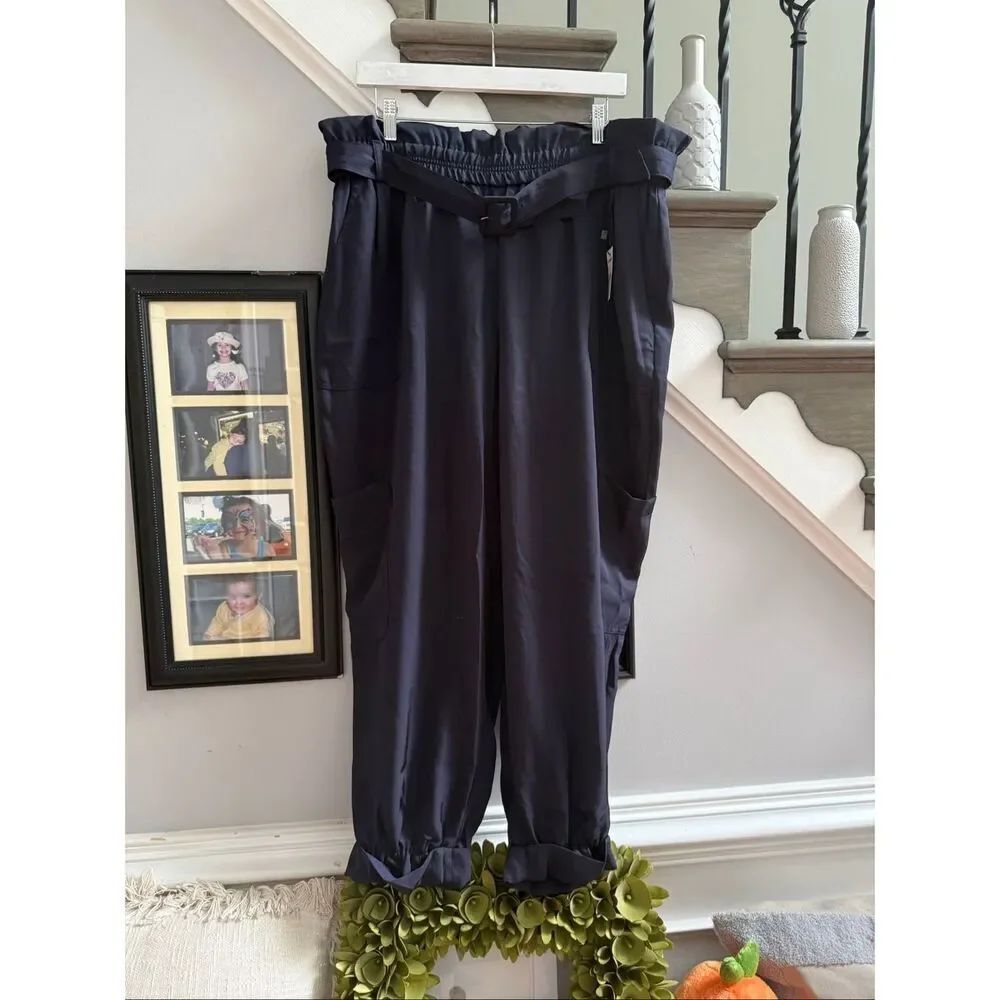 Express Navy Paper Bag Waist Cuffed Jogger Hem Trouser Pants sz XL NWT
